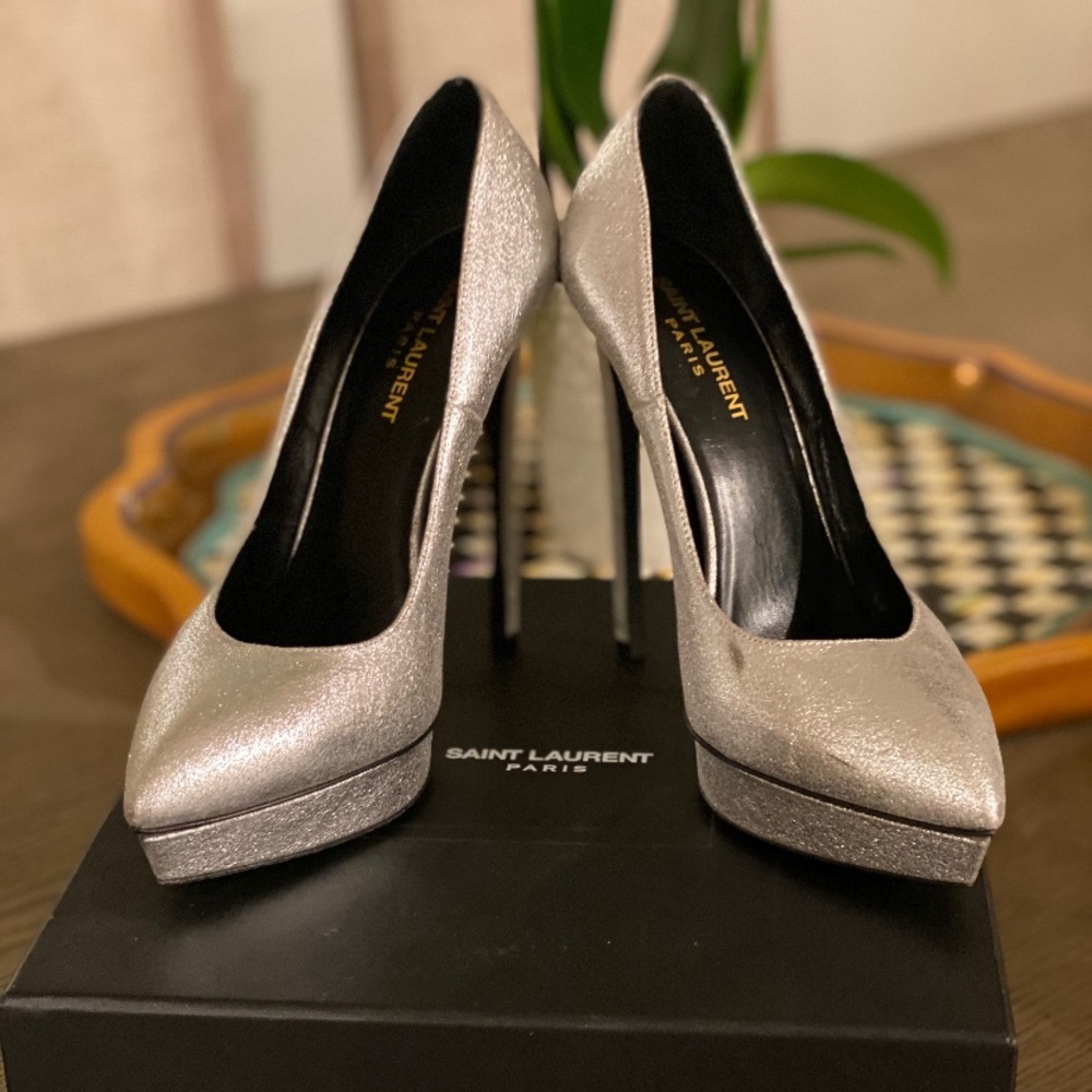 Saint Laurent, Metallic Silver Heels